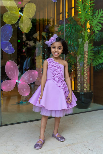 Lilac One Shoulder Falling Flowers Dress