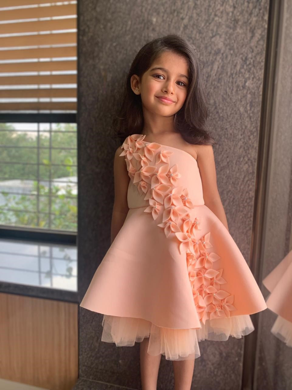 Peach One Shoulder Falling Flowers Dress