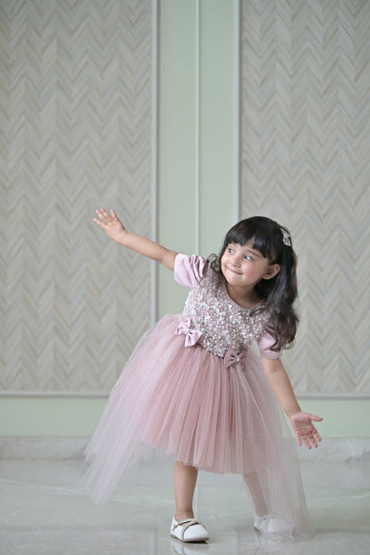 Nude Satin Pearl Dress With Back Flair