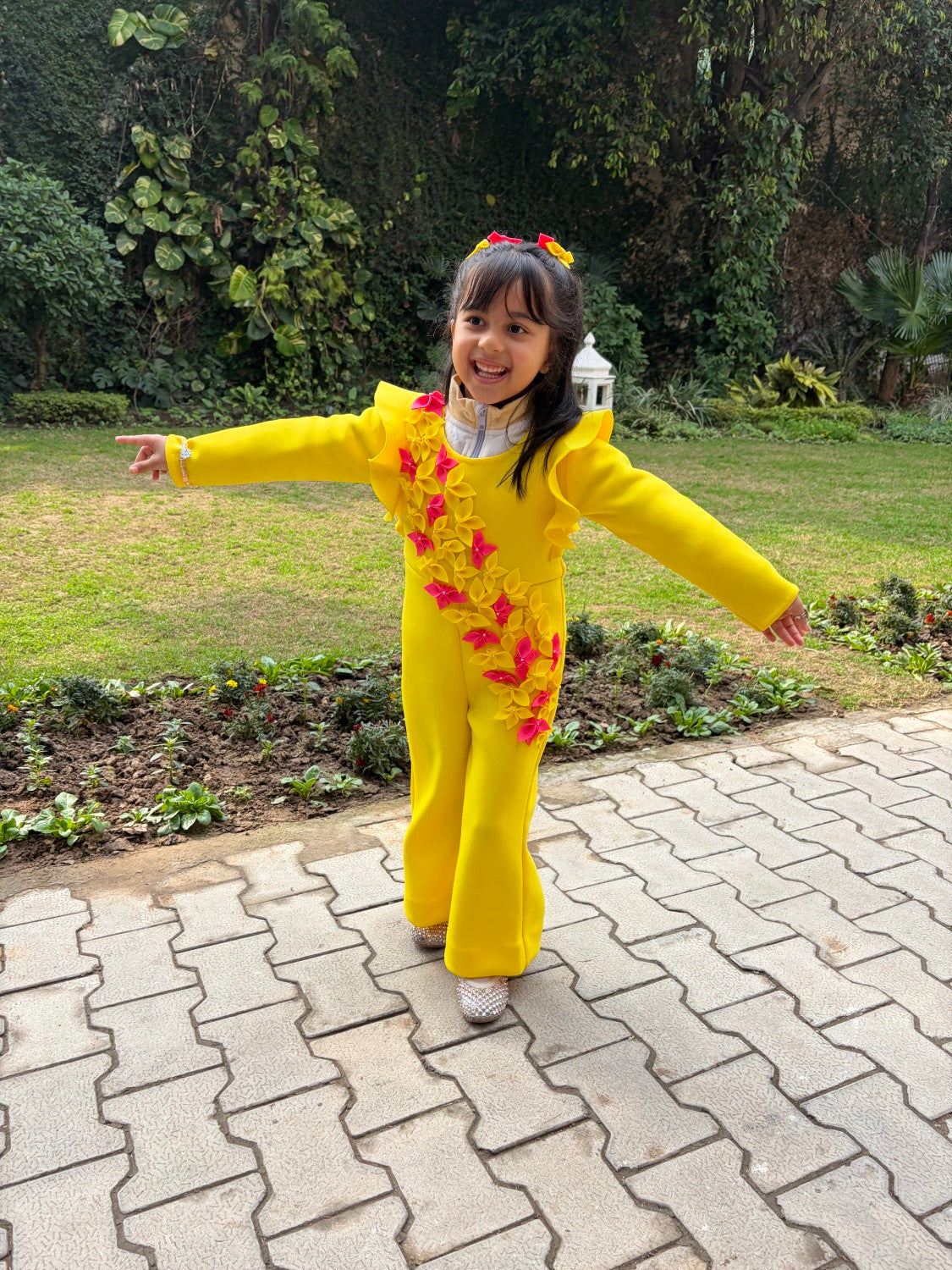 Sunshine Yellow Fuchsia Pink Falling Flowers Jumpsuit