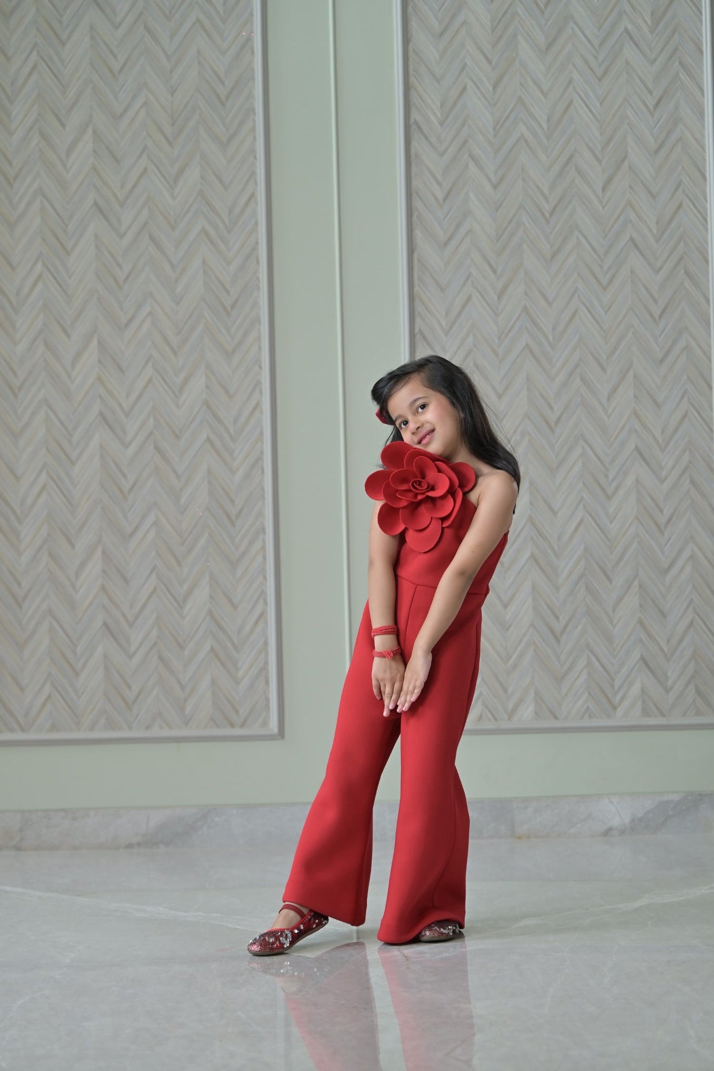 Red 3D Flower Jumpsuit