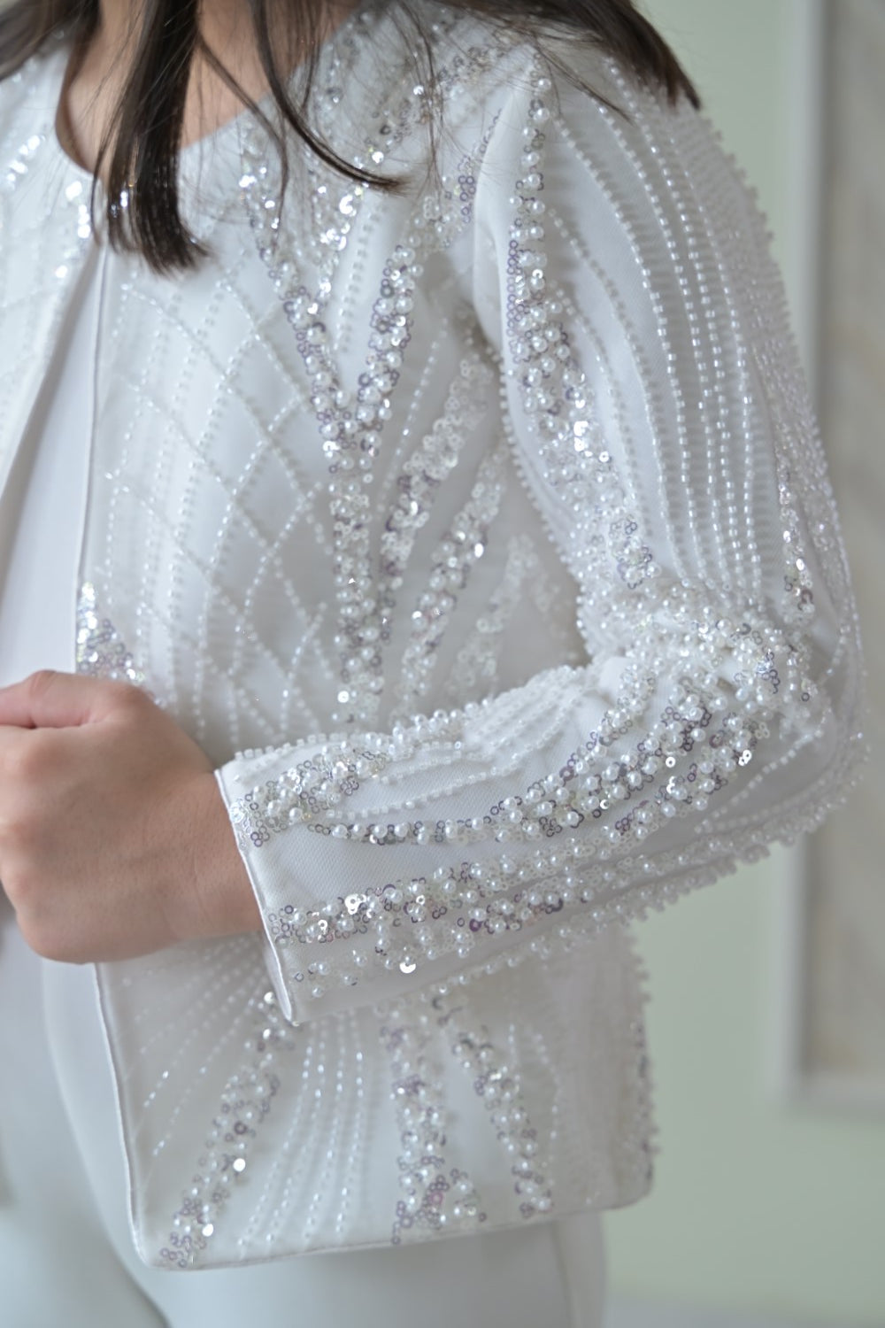 Ivory Pearl Sequence Jacket Jumpsuit