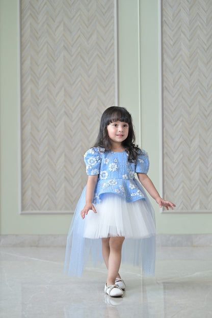 Powder Blue Ivory Sequence Peplum Dress With Back Flair