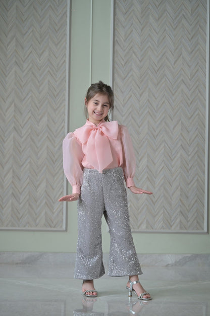 Peach Bow Organza Top With Silver Sequence Trousers Set