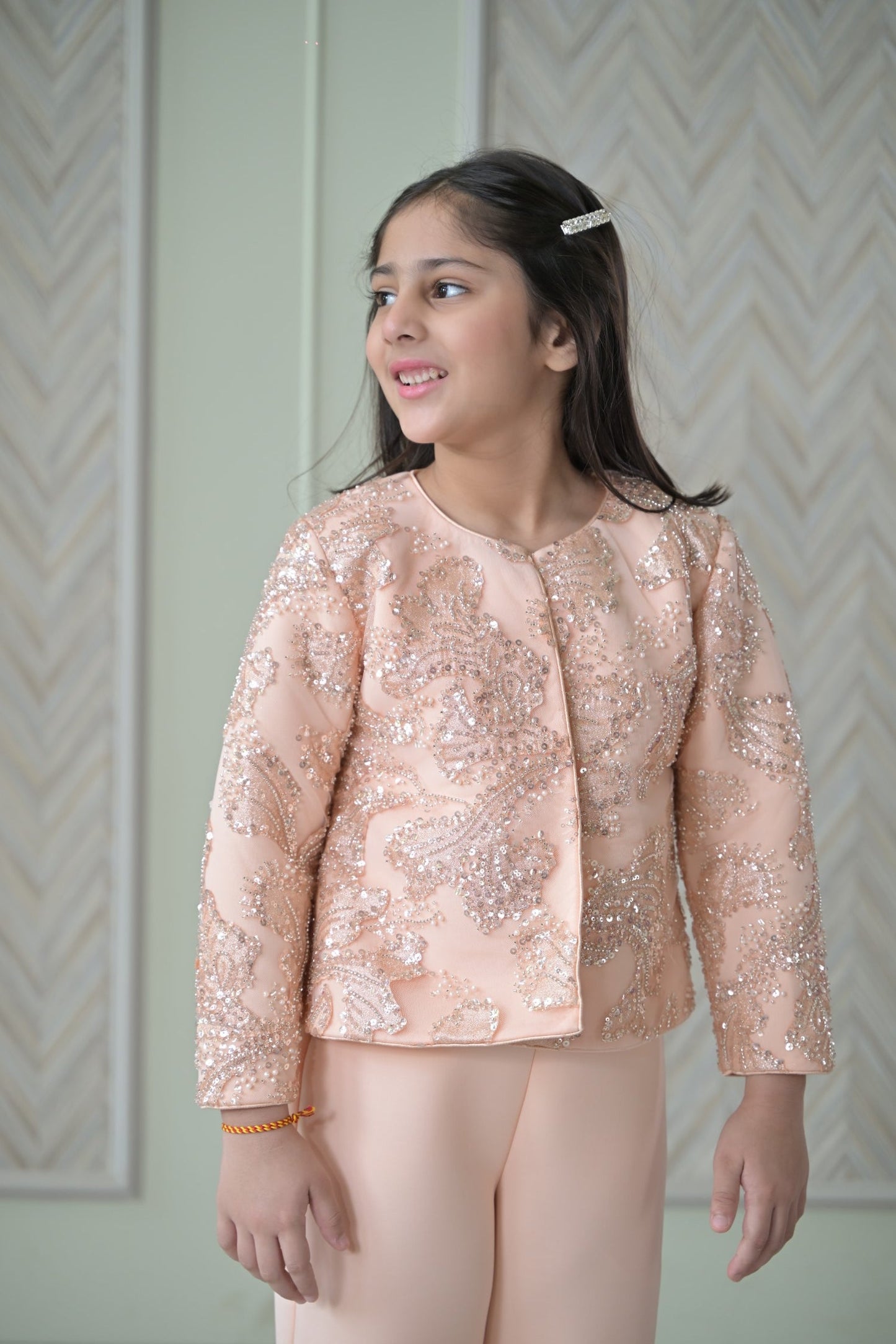 Peach Sequence Jacket Jumpsuit