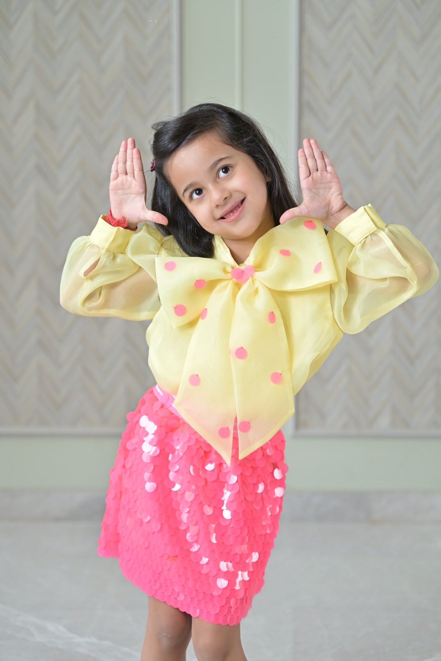 Yellow Organza Bow Top With Fuchsia Pink Squence Skirt Set