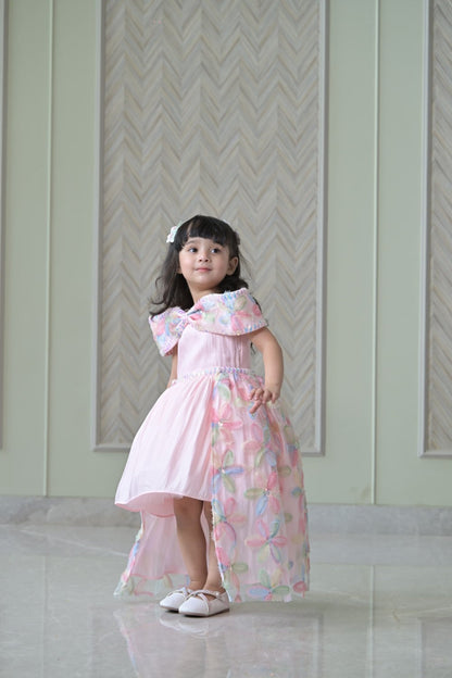 Baby Pink Organza Bow Charm dress With Floral Back Flair
