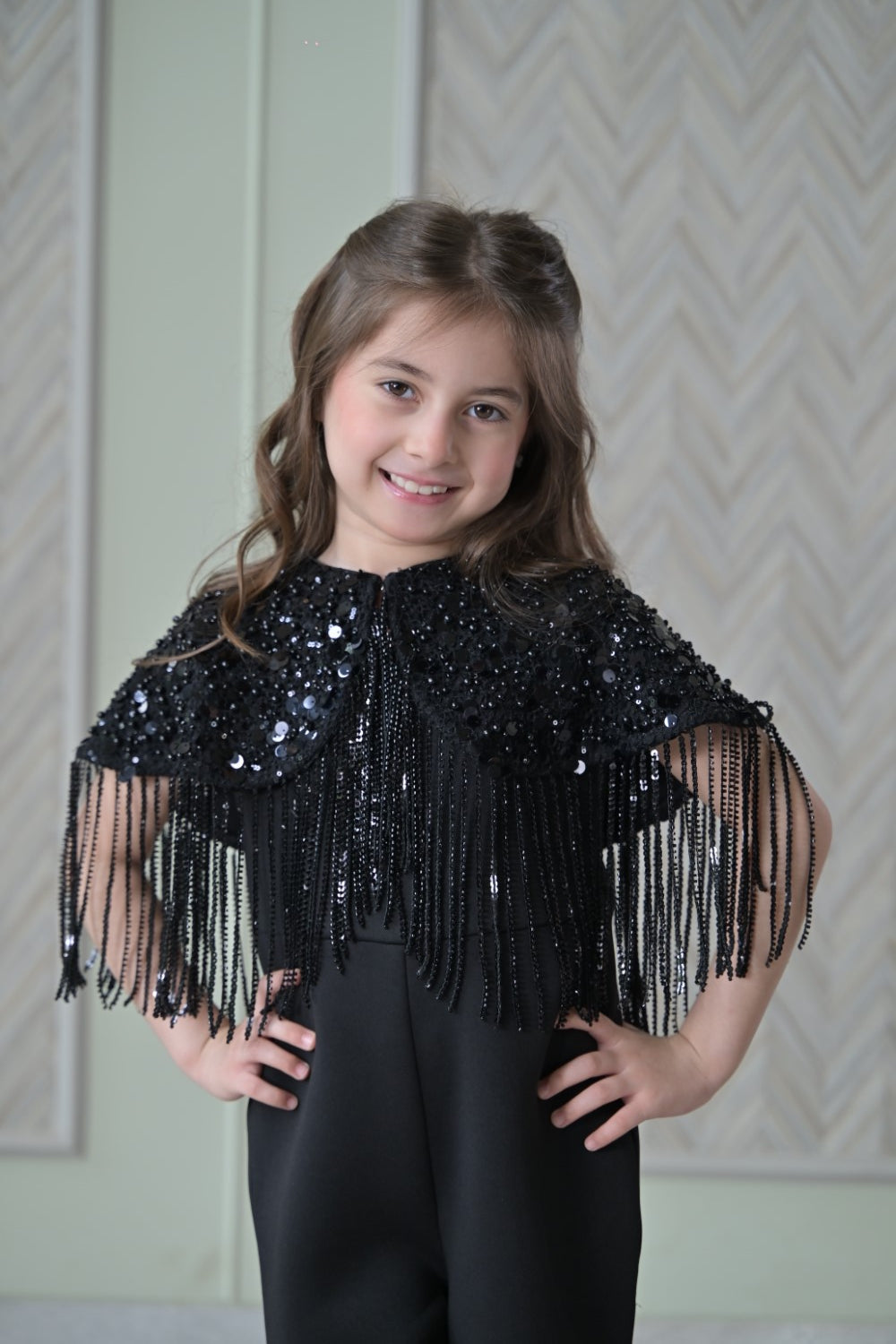 Black Sequence Shoulder Cape Jumpsuit