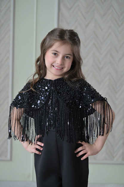 Black Sequence Shoulder Cape Jumpsuit