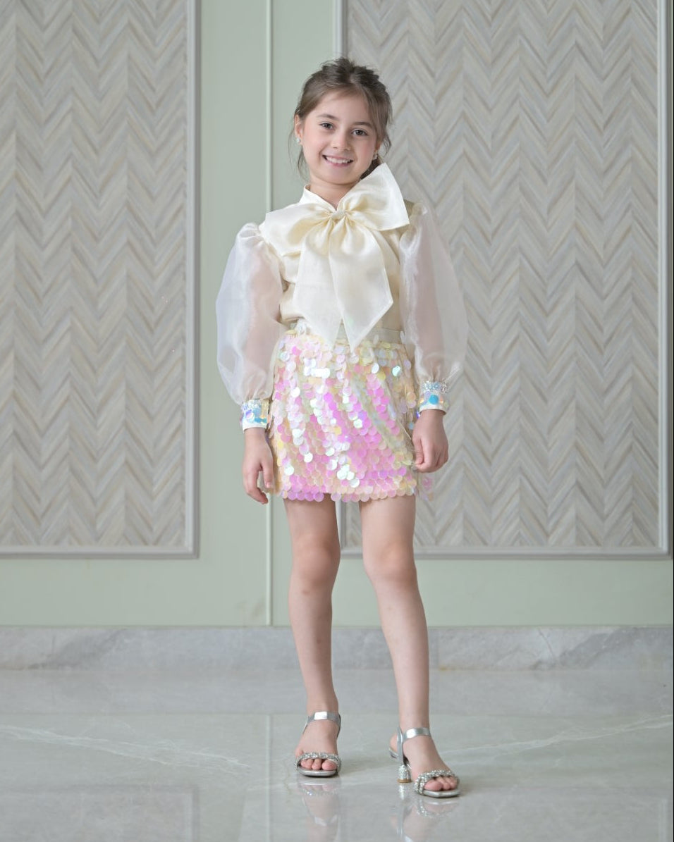 Ivory Bow Organza Top With Sequence Skirt Set
