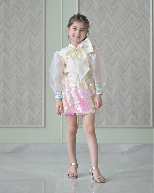 Ivory Bow Organza Top With Sequence Skirt Set