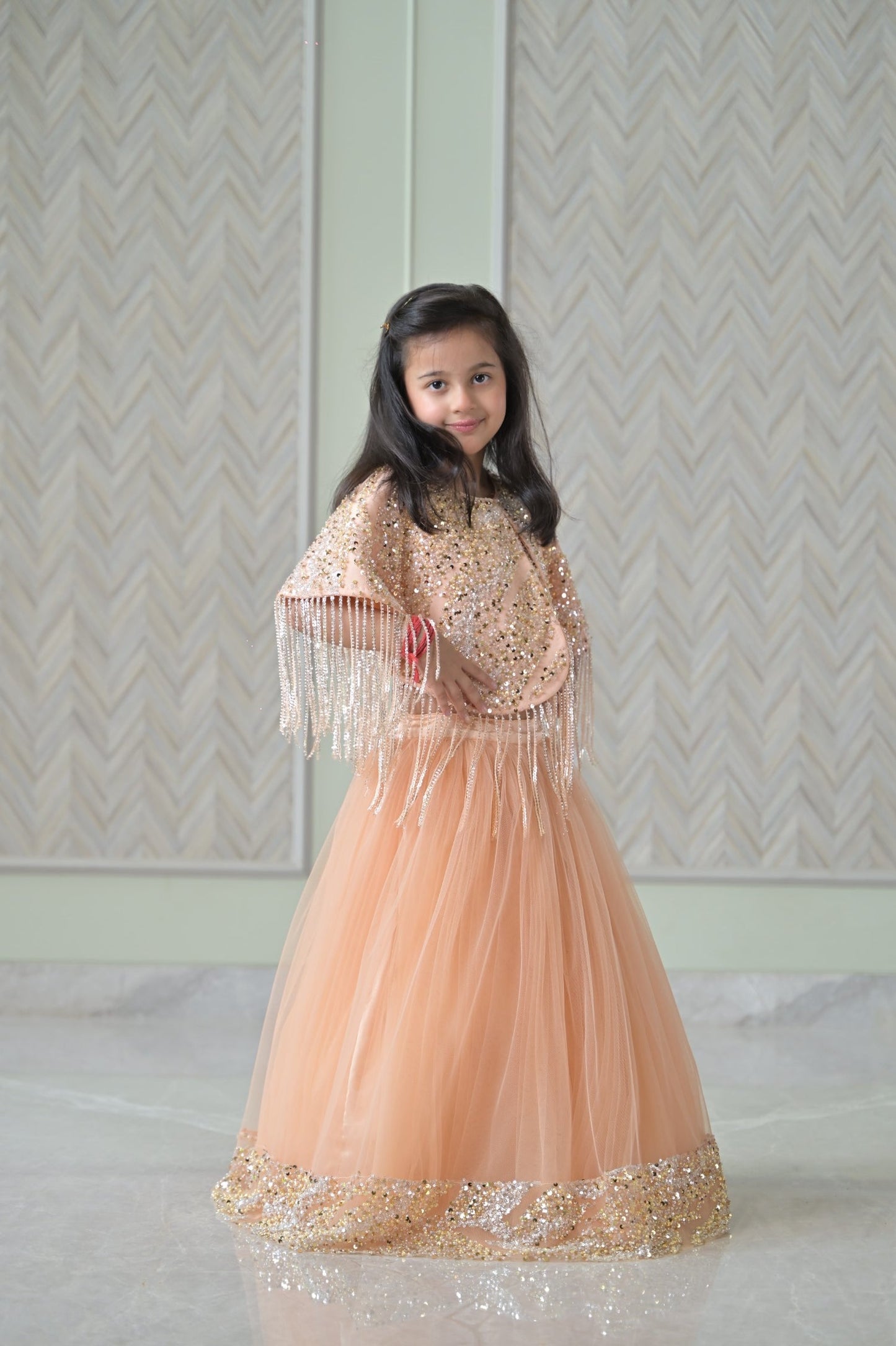 Peach Golden Cape Frill Lehenga Set
