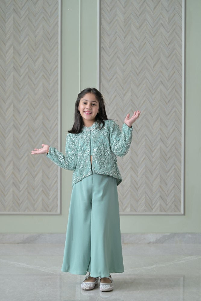English Green Sequence Jacket Sharara Set