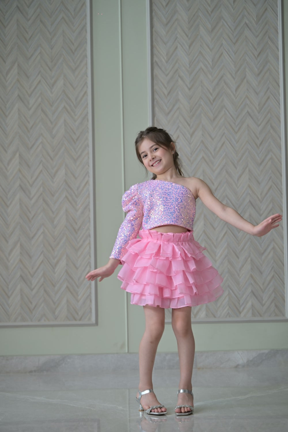 Lotus pink Sequence Top With Organza Skirt