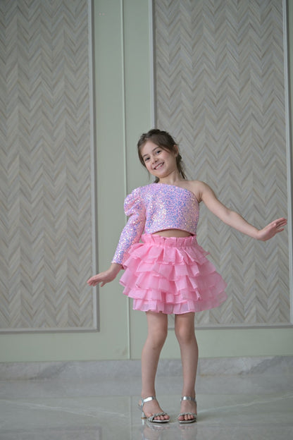 Lotus pink Sequence Top With Organza Skirt