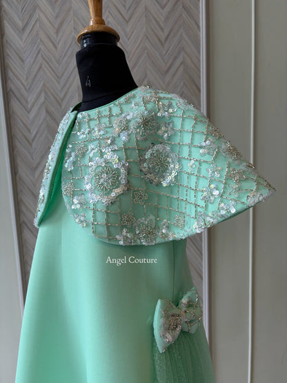 Mint Green Sequence Cape Sie Flair Dress