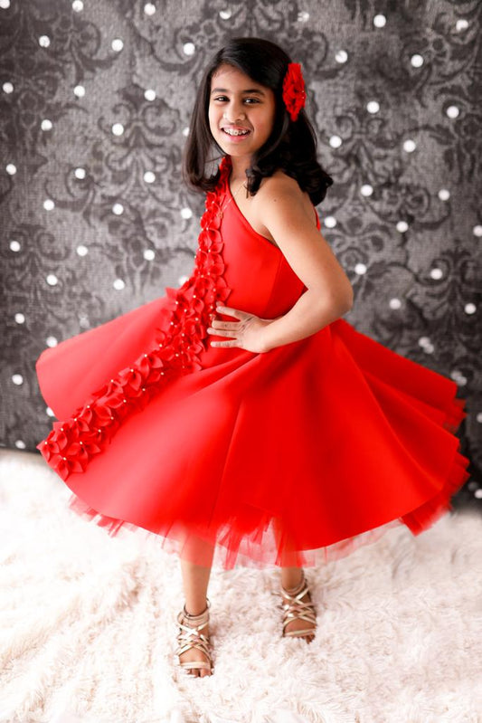 Red One Shoulder Falling Flowers Dress