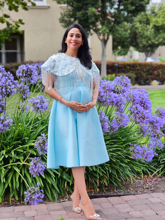 Ice Blue Shoulder cape Frill Dress