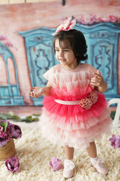 Shades Of Pink Multilayer Net Glitter Roses Dress