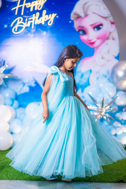 Ice Blue One Shoulder Bow Flair Gown