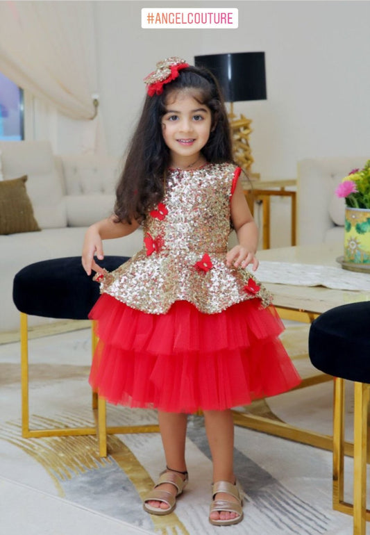 Golden Red Butterfly Peplum Dress