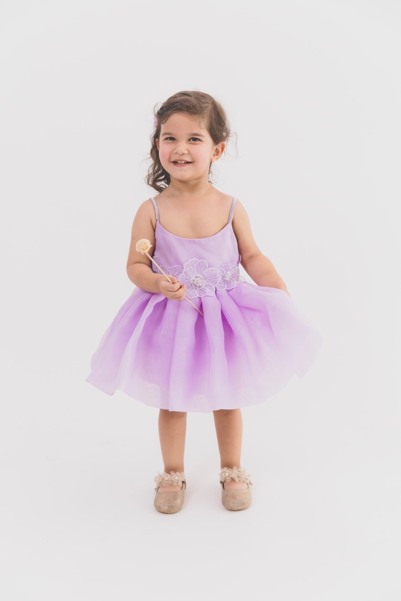 Lilac Organza  3D Flower Strap Dress