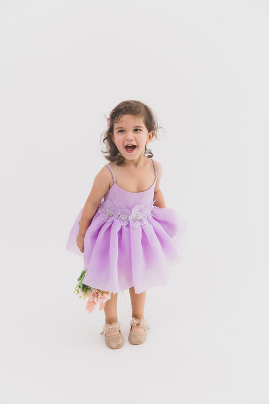Lilac Organza  3D Flower Strap Dress