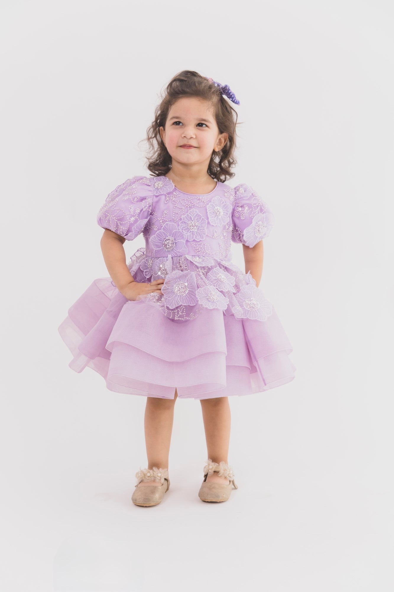 Lilac 3D Flower Double Layer Bone Dress