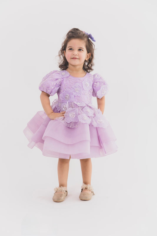 Lilac 3D Flower Double Layer Bone Dress