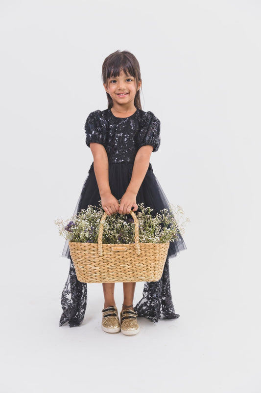 Black Sequence Net Dress With Side Frills