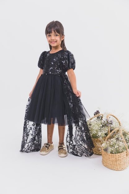 Black Sequence Net Dress With Side Frills