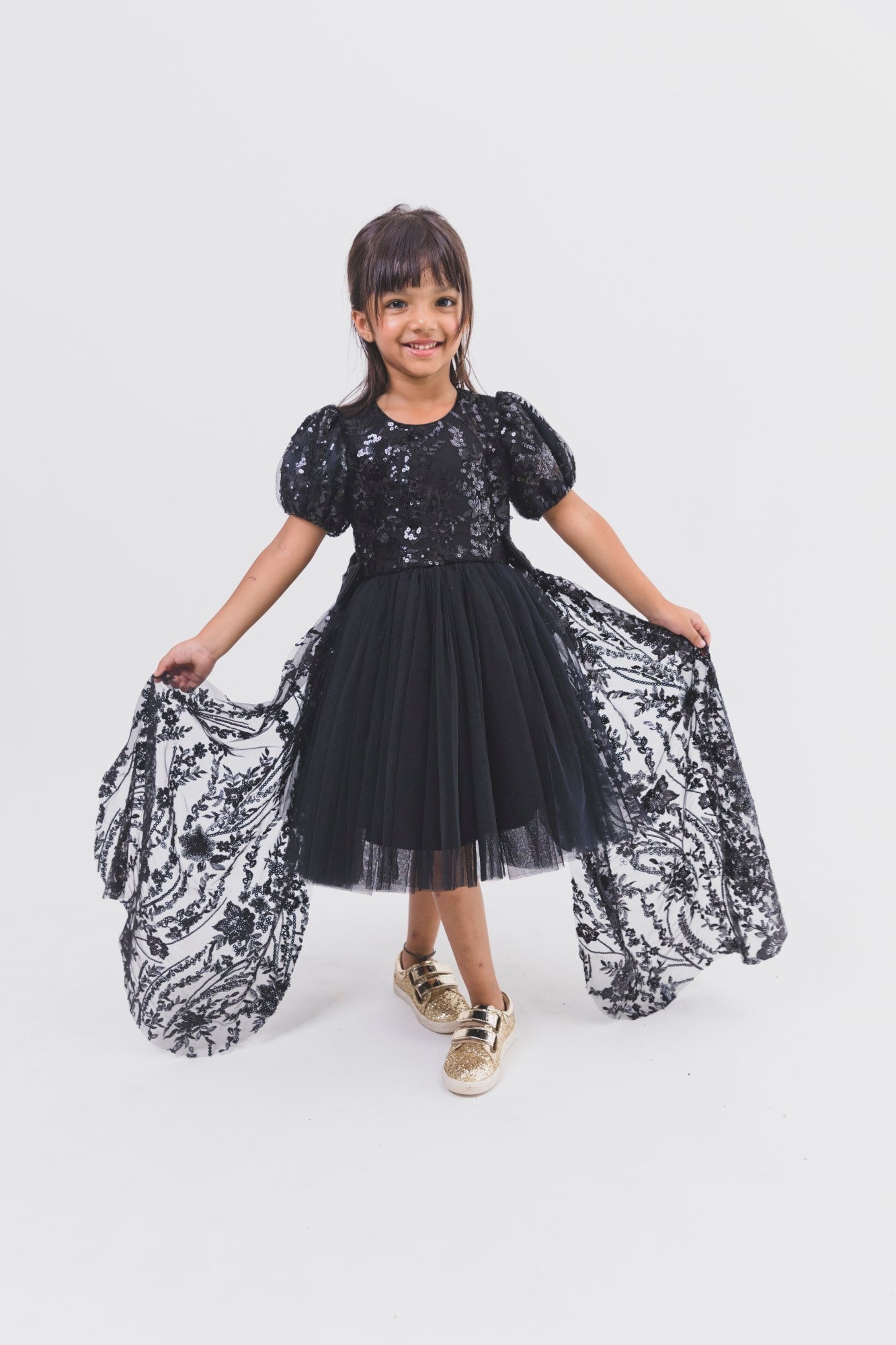 Black Sequence Net Dress With Side Frills
