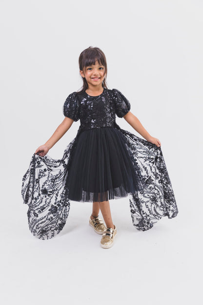 Black Sequence Net Dress With Side Frills