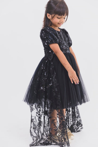 Black Sequence Net Dress With Side Frills