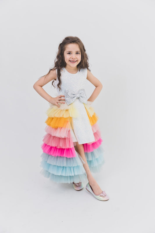 Ivory Silver Sequence Multilayer Glitter Gown