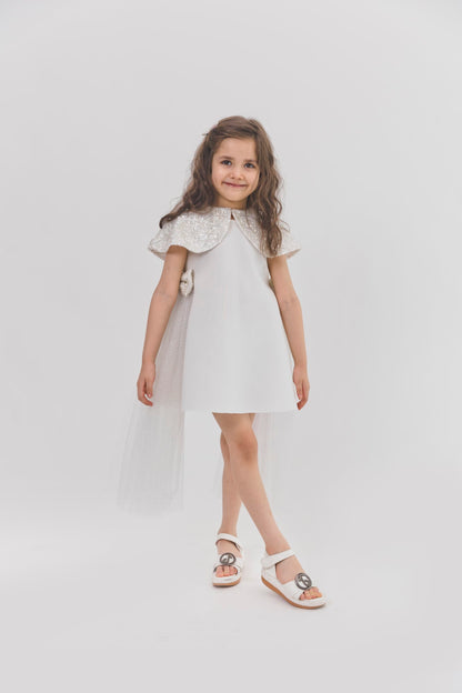 Ivory Silver Shoulder Cape A Line Dress