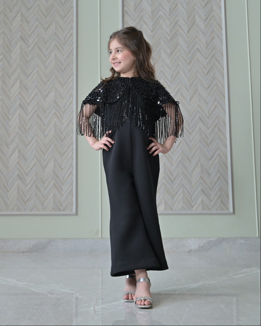 Black Sequence Shoulder Cape Jumpsuit
