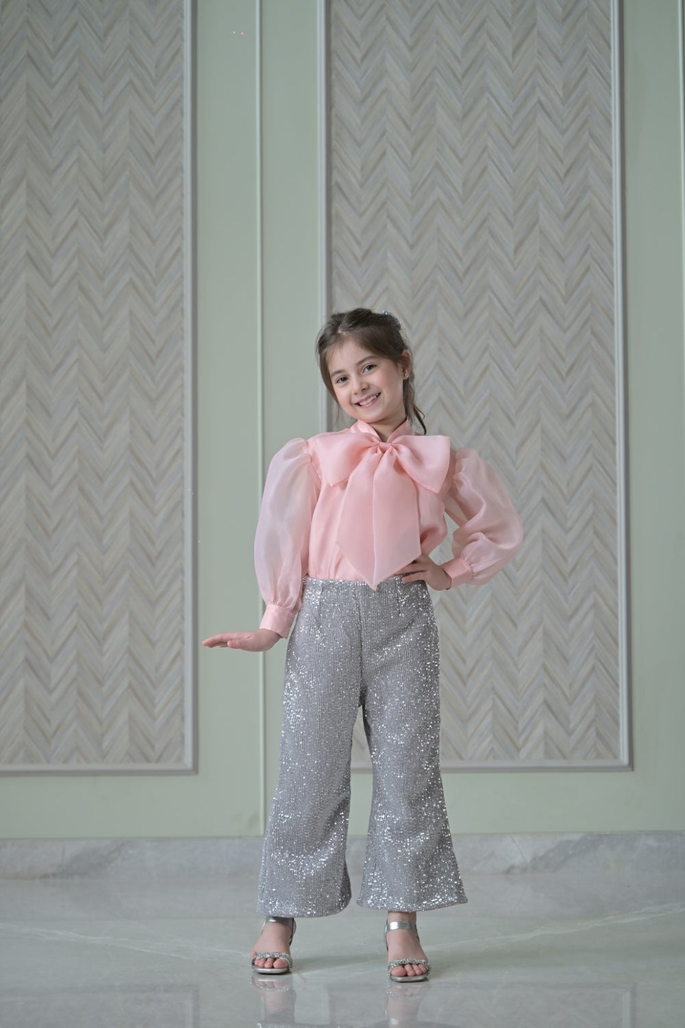 Peach Bow Organza Top With Silver Sequence Trousers Set