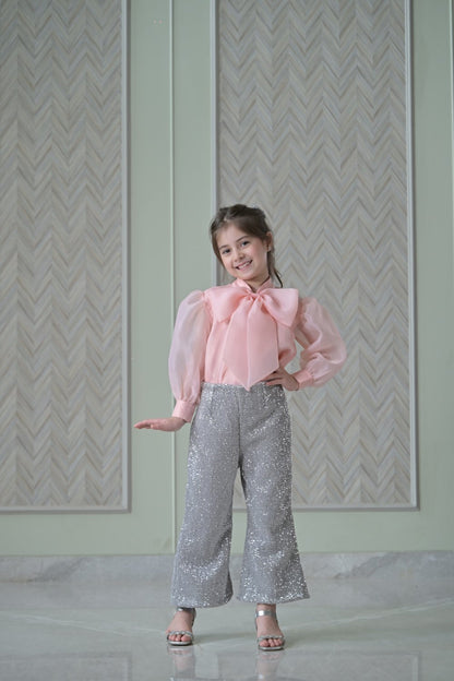 Peach Bow Organza Top With Silver Sequence Trousers Set