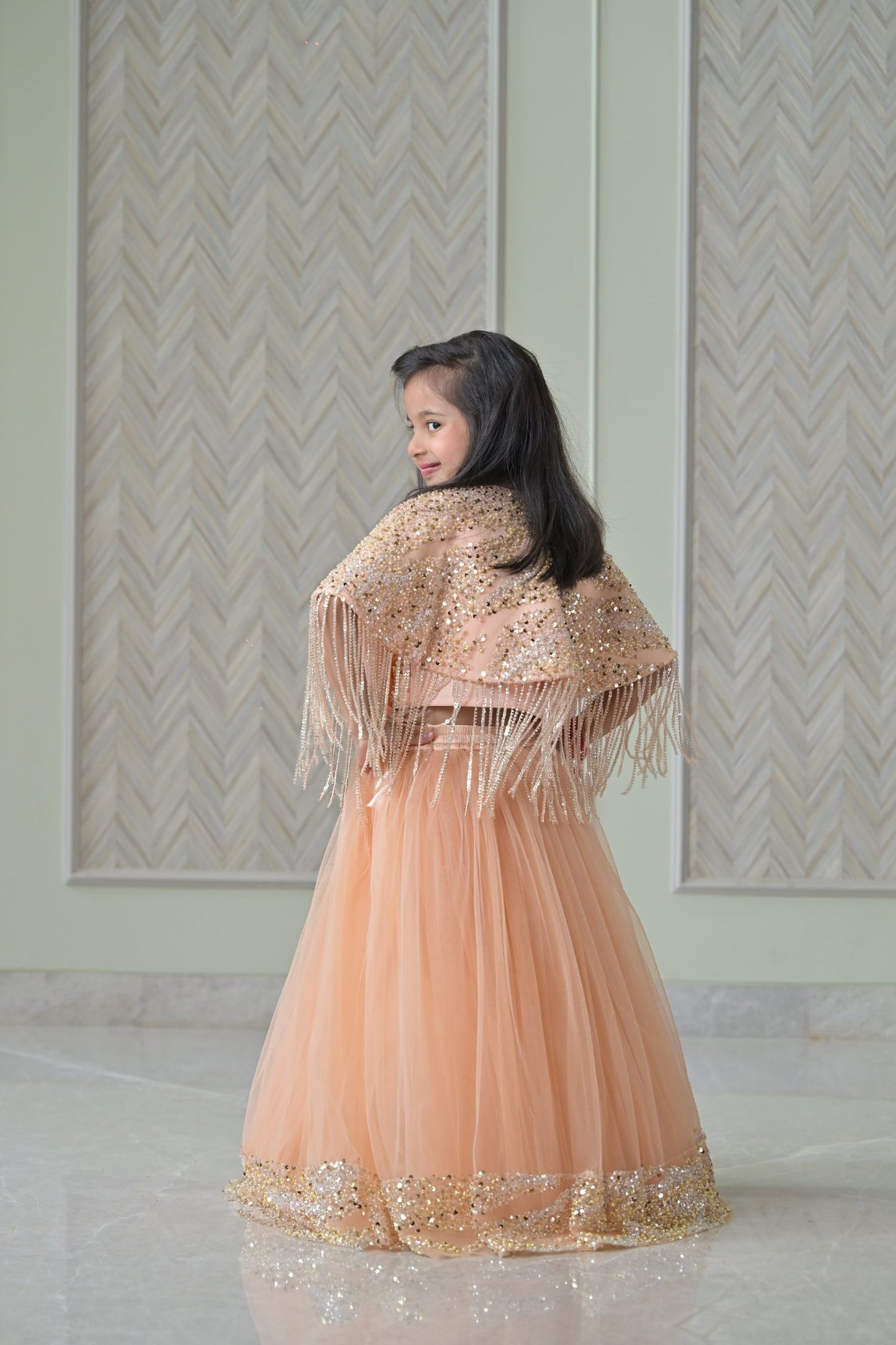 Peach Golden Cape Frill Lehenga Set