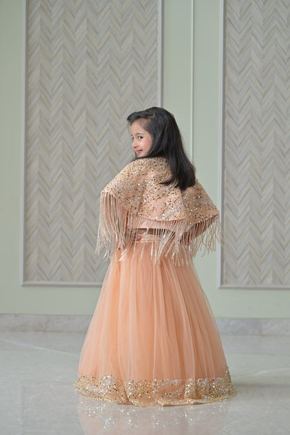 Peach Golden Cape Frill Lehenga Set