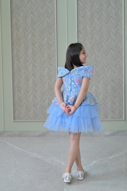 Powder Blue Sequence Offshoulder Bow Charm Dress