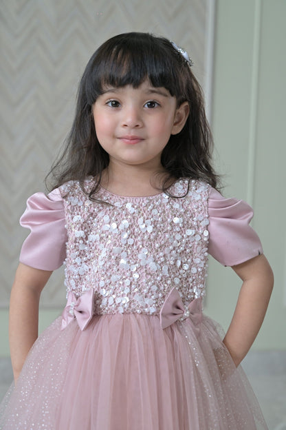 Nude Satin Pearl Dress With Back Flair
