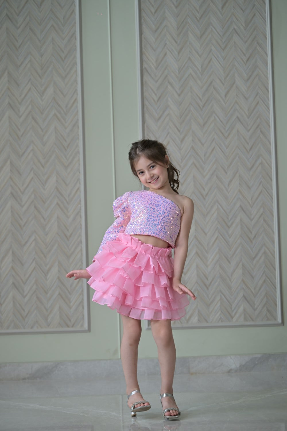 Lotus pink Sequence Top With Organza Skirt