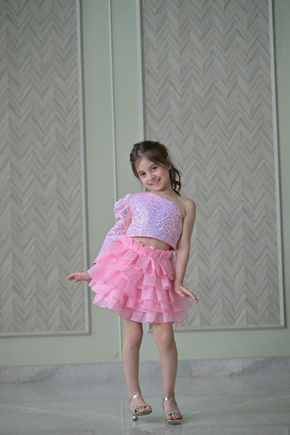 Lotus pink Sequence Top With Organza Skirt