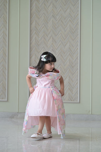 Baby Pink Organza Bow Charm dress With Floral Back Flair