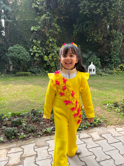 Sunshine Yellow Fuchsia Pink Falling Flowers Jumpsuit