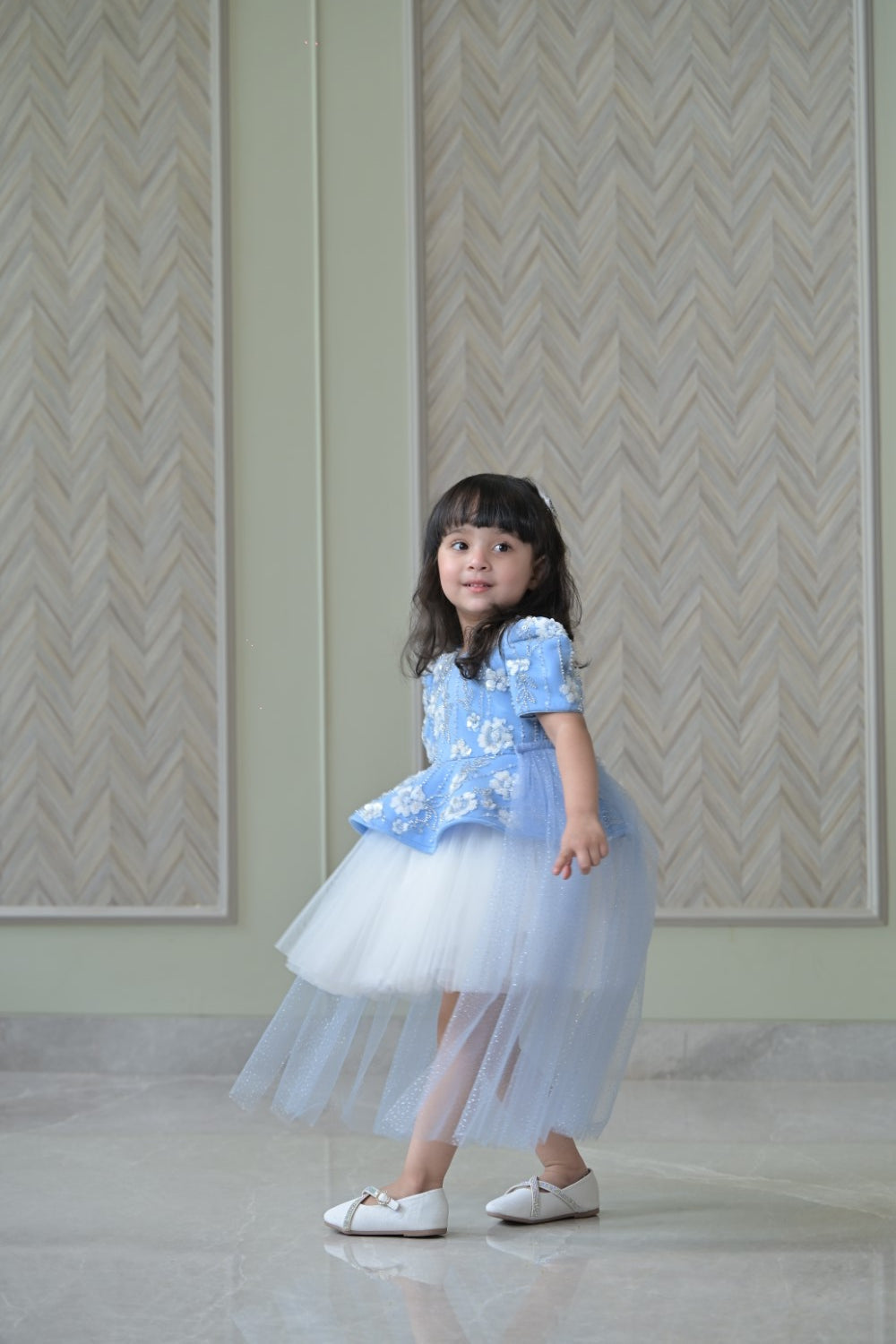 Powder Blue Ivory Sequence Peplum Dress With Back Flair