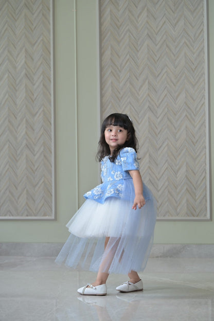 Powder Blue Ivory Sequence Peplum Dress With Back Flair