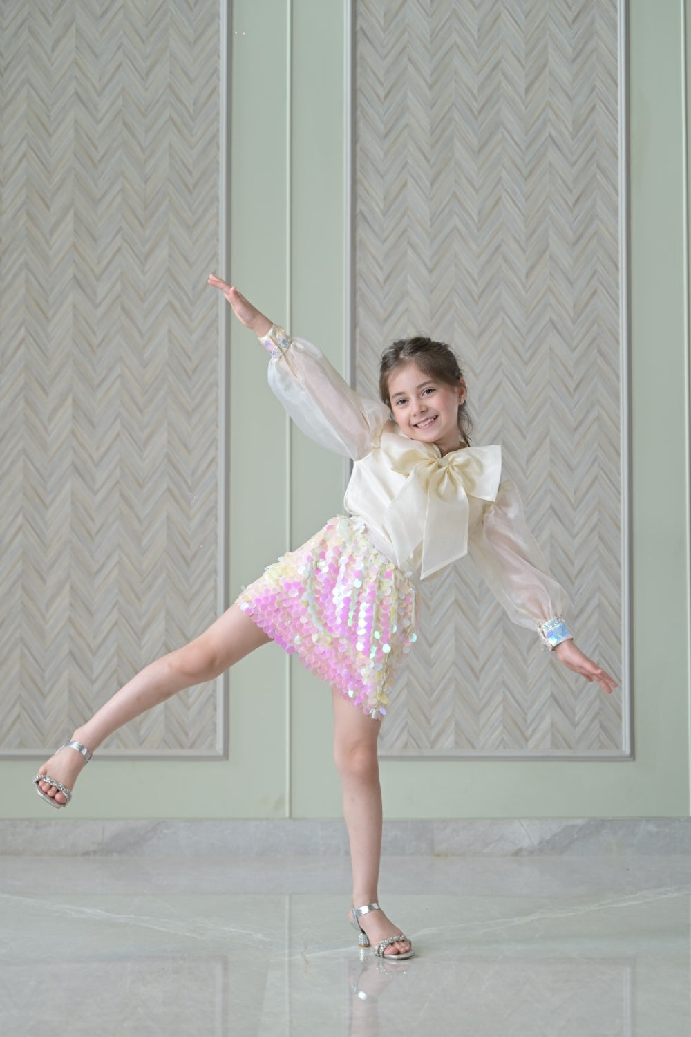 Ivory Bow Organza Top With Sequence Skirt Set